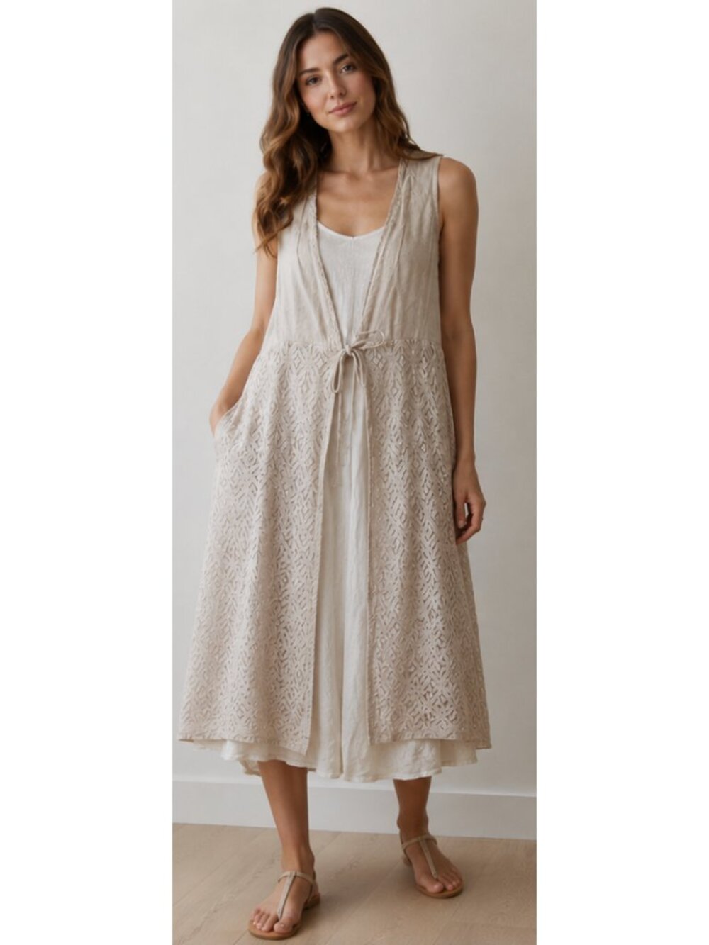 VALENTINA NALDI Made in Italy Linen Crochet Duster Cardigan Lagenlook Coastal